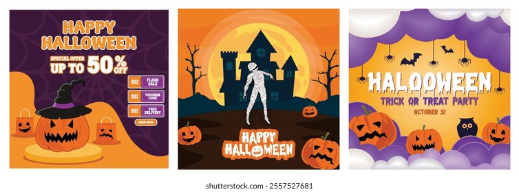 Halloween Sale Promotion poster With Pumpkin and Discount Offers. Mummy and Haunted House at Night. Trick or Treat Party Poster. Set flat vector modern illustration 