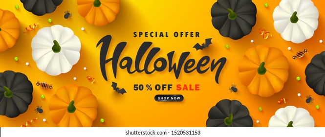 Halloween Sale Promotion Poster with pumpkins, spiders,bats, candy, streamers and beads on an orange background.Vector illustration for website , posters, ads, coupons, promotional material