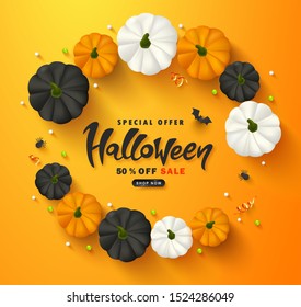 Halloween Sale Promotion Poster with pumpkins, spiders, bats, streamers and beads .Vector illustration for website , posters, ads, coupons, promotional material