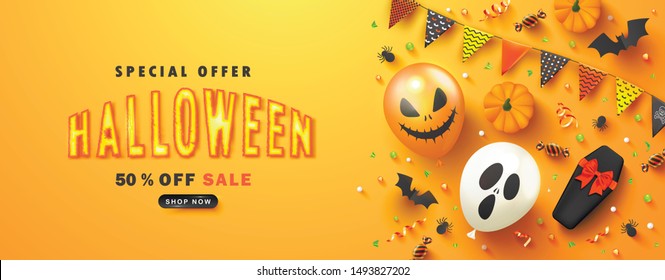 Halloween Sale Promotion Poster with scary balloons,coffin,candy, pumpkins, paper bats, spiders and serpentine on orange background.Vector illustration