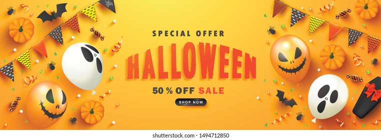 Halloween Sale Promotion Poster with scary balloons, paper bats,spiders, candy,coffin and serpentine on orange background.Vector illustration