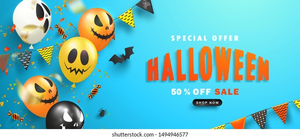 Halloween Sale Promotion Poster with scary balloons, paper bats,spiders, candy and flying serpentine on blue background.Vector illustration.