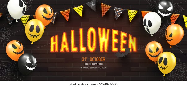 Halloween Sale Promotion Poster with scary balloons, paper bats and cobweb.Glowing inscription on a brick wall.Vector illustration for website , posters, ads, coupons, promotional material