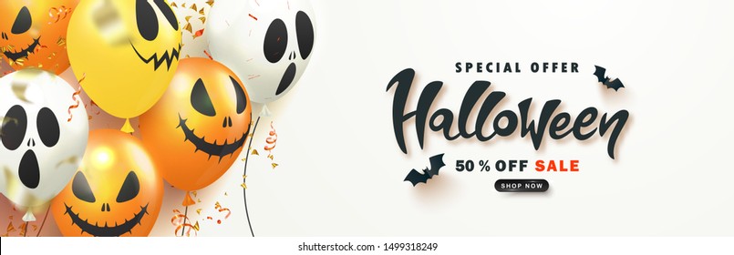 Halloween Sale Promotion Poster with scary balloons and paper bats on white background.Vector illustration for website , posters, ads, coupons, promotional material