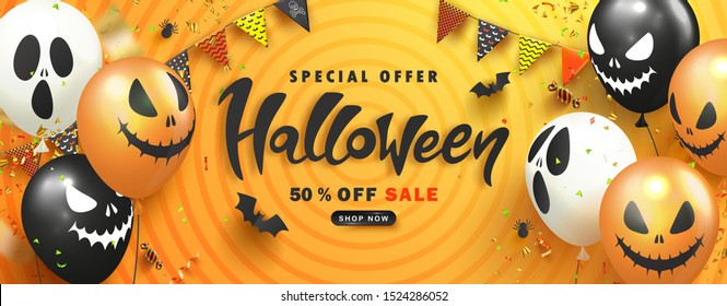 Halloween Sale Promotion Poster with scary balloons,paper bats,spiders, candy and flying serpentine.Vector illustration for website , posters, ads, coupons, promotional material,invitation, postcard.