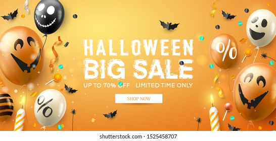 Halloween sale promotion poster with scary air balloons and streamers on orange background