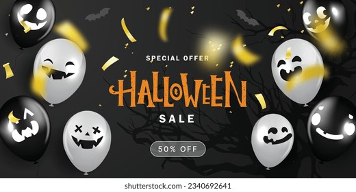 Halloween Sale Promotion Poster with scary balloons, spiders, Vector illustration for website , posters, ads, coupons, promotional material,invitation, postcard