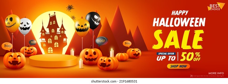 Halloween Sale Promotion Poster template and Product display stage  Halloween pumpkins   Ghost Balloons and moon ligt   castle silhouette background  Website spooky banner template