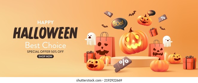 Plantilla de afiche de promoción de venta de Halloween con calabazas de Halloween, fantasmas lindos, cupones, bolso de compras y caja de regalo. Ilustración vectorial eps 10