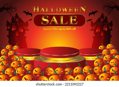 Halloween Sale Promotion Poster template with Product display stage. Halloween pumpkins and Ghost Balloons with moon ligt and castle silhouette background. Website spooky or banner template