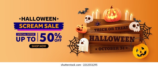 Halloween Sale Promotion Poster template with Old wooden board, Halloween pumpkins,cute ghost,skull and Halloween bucket.Website spooky or banner template.Vector illustration eps 10