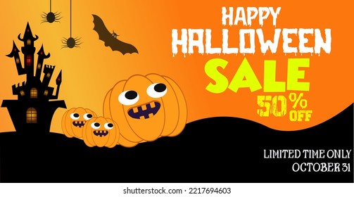 Halloween Sale Promotion Poster template. Halloween Cute pumpkins and castle black bats,spider Spooky silhouette background.
