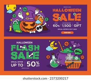 Halloween Sale Promotion Poster template with Halloween pumpkins,cute ghost,coupon,shopping bag and gift Box .Website spooky or banner template. Flash sale template with halloween theme