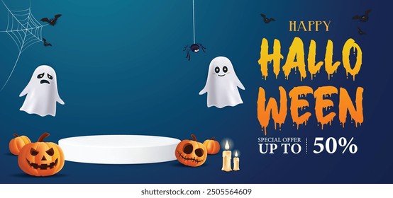 Werbeplakatvorlage für Halloween mit Produktpräsentation. Halloween Kürbisse und Geist mit Mondlicht und Schloss Silhouette Hintergrund. Website gespenstisch oder Banner Vorlage