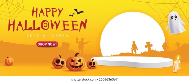 Modelo de Cartaz de Promoção de Venda de Halloween com estágio de exibição de Produto. Abóboras de Halloween e Fantasma com luz da lua e fundo silhueta do castelo. Modelo de site assustador ou banner