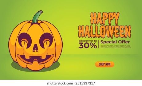 Halloween Sale Promotion Poster template with Halloween pumpkin and green background