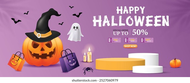 Modelo de cartaz de promoção de venda de Halloween com abóboras de Halloween, fantasma bonito, cupom, saco de compras .Site spooky ou modelo de banner. Ilustração vetorial eps 10