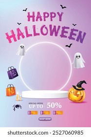 Halloween Promotion Poster Vorlage mit Halloween Kürbisse, niedlichen Geist, Gutschein, Einkaufstasche .Website gespenstisch oder Banner Vorlage. Vektorgrafik eps 10