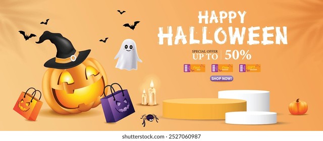 Halloween Sale Promotion Poster template with Halloween pumpkins, cute ghost, coupon, shopping bag .Website spooky or banner template. Vector illustration eps 10