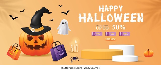 Halloween Sale Promotion Poster template with Halloween pumpkins, cute ghost, coupon, shopping bag .Website spooky or banner template. Vector illustration eps 10