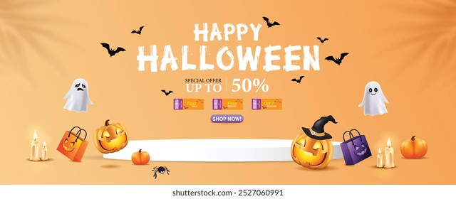 Modelo de cartaz de promoção de venda de Halloween com abóboras de Halloween, fantasma bonito, cupom, saco de compras .Site spooky ou modelo de banner. Ilustração vetorial eps 10