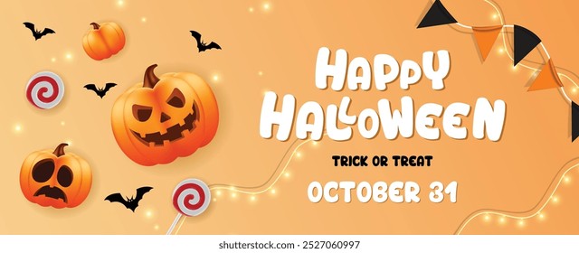 Halloween Sale Promotion Poster template with Halloween pumpkins, cute ghost, coupon, shopping bag .Website spooky or banner template. Vector illustration eps 10