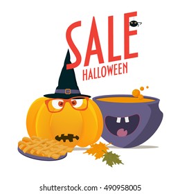 Halloween Sale Promotion Poster Template. Halloween Pumpkin with glasses and wizard hat on, smiling spooky witch pot, spider, apple pie and maple leaves. Text "Halloween Sale".