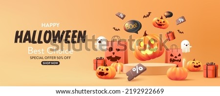 Halloween Sale Promotion Poster template with Halloween pumpkins,cute ghost,coupon,shopping bag and gift Box .Website spooky or banner template. Vector illustration eps 10