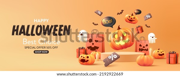 Halloween Sale\
Promotion Poster template with Halloween pumpkins,cute\
ghost,coupon,shopping bag and gift Box .Website spooky or banner\
template. Vector illustration eps\
10