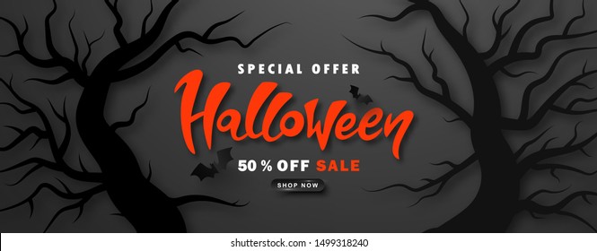 Halloween Sale Promotion Poster with trees and paper bats on black background.Vector illustration for website , posters, ads, coupons, promotional material.