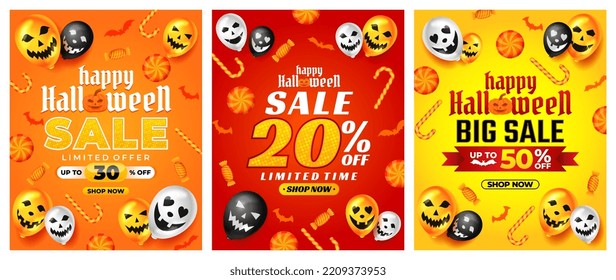Halloween Sale Promotion  with scary balloon and candy vector, happy halloween background for business retail promotion, banner, poster, social media, feed, invitation