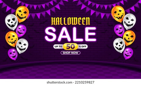 Halloween Sale Promotion with scary balloon and brick texture vector, happy halloween 2022 background for business retail promotion, banner, poster, social media, feed, invitation