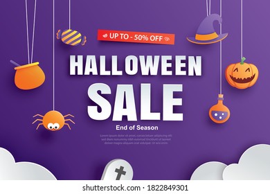 Halloween sale promotion template with paper art element design for flyer, banner, poster, discount, advertising.