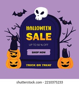Halloween Sale Promotion template with pumpkin, cat, bats, skull, grave marker, branches element and purple color background. Vector illustration EPS10.