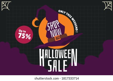 Halloween Sale Promotion Vector Template with Halloween Elements ( Witch Hat, Dark Mist)
