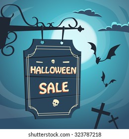 Halloween Sale Promotional Sign Board Cemetery Flat Vector Illustration