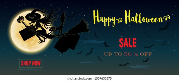 Halloween sale promotion,silhouette of witch flying on a broomstick with black cat, Halloween pumpkin, bats and  shopping bags with full moon and stars. Banner, template, Website,Vector illustration.
