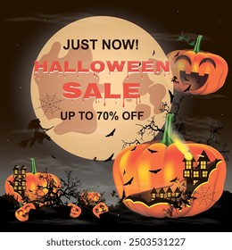 Halloween sale. Pumpkins, celebration, flying witch castle, black background, design.