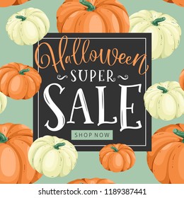 Halloween sale with pumpkins and hand written lettering.