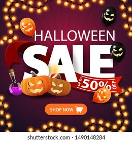 Halloween sale, purple discount square banner with large letters, pumpkins, halloween balloons and garland. Square banner for your business