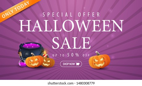 Halloween sale, purple horizontal banner with 50% off, witch's pot and pumpkin Jack
