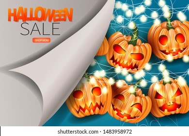Halloween sale realistic illustration design. 31 October holiday event. Pumpkin faces and glowing garland lights over blue background.