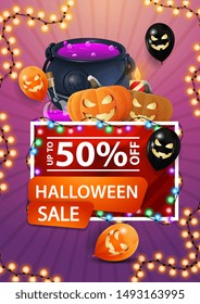 Halloween sale, red discount banner with garland, Halloween balloons, witch's cauldron and pumpkin Jack