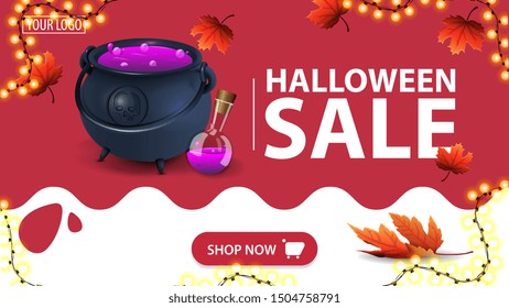 Halloween sale, red discount banner with autumn leafs, button, garland and witch's cauldron with potion