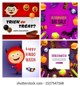 Halloween sale red, pink banner set with vampire, devil, candies. Halloween, October, trick or treat. Lettering can be used for greeting cards, invitations, announcements