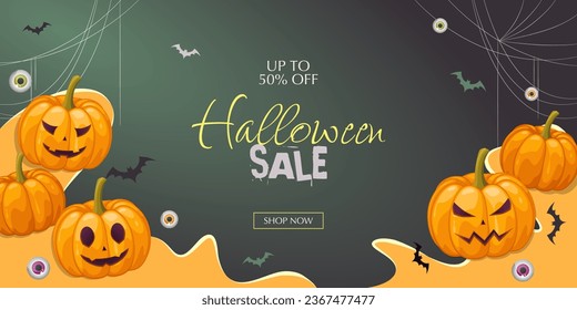 Halloween sale with scary pumpkins, bats and creepy eyeballs