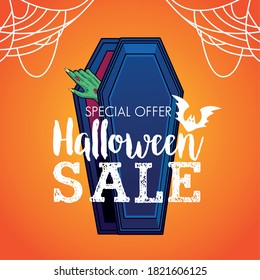 halloween sale seasonal poster with hand coming out of coffin and spidernet vector illustration design