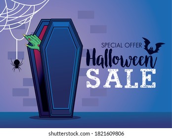 halloween sale seasonal poster with hand coming out of coffin vector illustration design