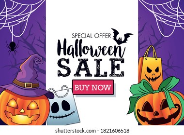 halloween sale seasonal poster with pumpkins wearing witch hat and shopping bags frame vector illustration design