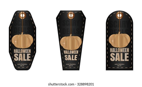 Halloween sale. Set of black labels in the form of gravestones with golden pumpkin keychain. Scary Deals. Vector illustration.